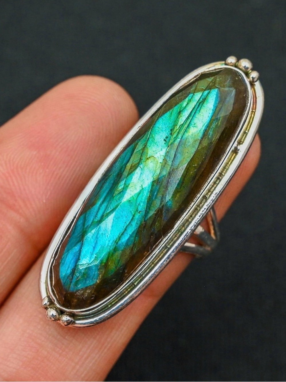 Handmade 925 Sterling Silver Labradorite Statement Ring in Blue-Green